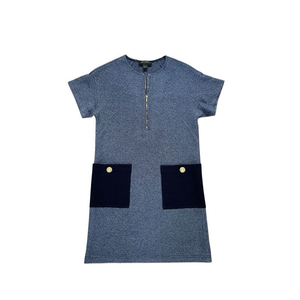 St John Chic Boucle Wool Blend knit dress 3/4 Zip Pockets Navy Tweed Size S USA